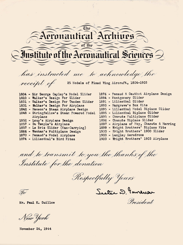 Receipt of 25 Models of Fixed-Wing Aircraft, 1804-1903 from The Aeronautical Archives